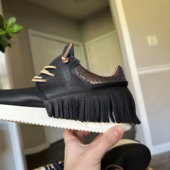 ESSEUTESSE Leather Fringe Black Sneakers Comfort Slip On Size 38 Handmade Italy - Picture 10 of 14